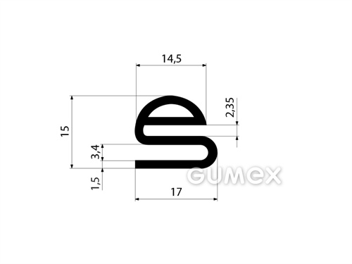 Pryžový profil tvaru "e" s dutinkou, 15x17/2,35mm, 70°ShA, NBR, -40°C/+70°C, černý